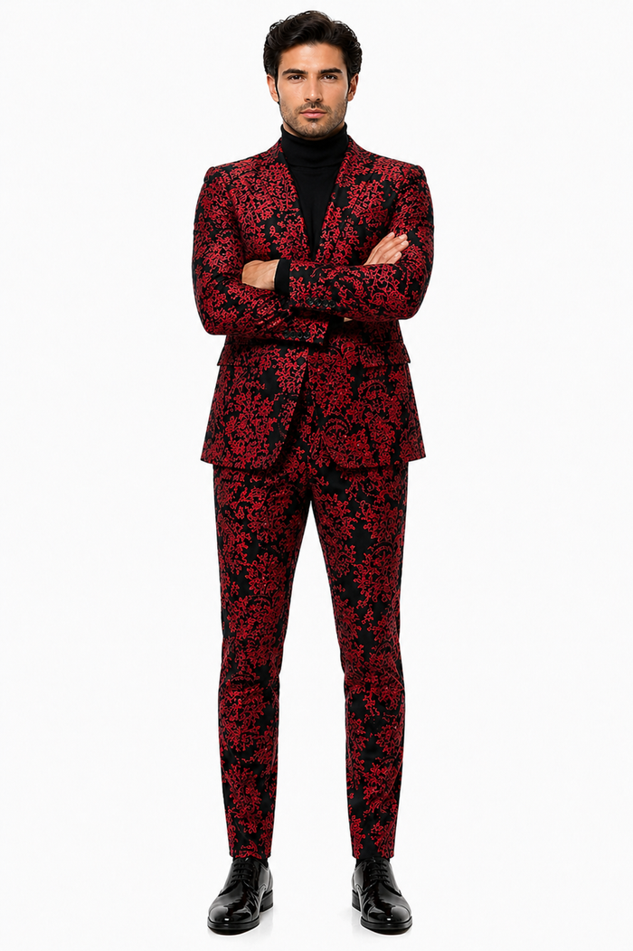 Mens Red and Black Floral Tuxedo Suit  Slim Fit 2 Piece Embroidered Outfit for Weddings, Prom, and Formal Events