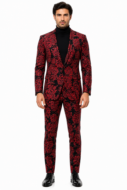 Mens Red and Black Floral Tuxedo Suit  Slim Fit 2 Piece Embroidered Outfit for Weddings, Prom, and Formal Events