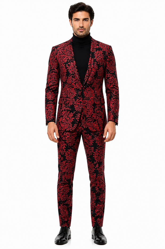 Mens Red and Black Floral Tuxedo Suit  Slim Fit 2 Piece Embroidered Outfit for Weddings, Prom, and Formal Events