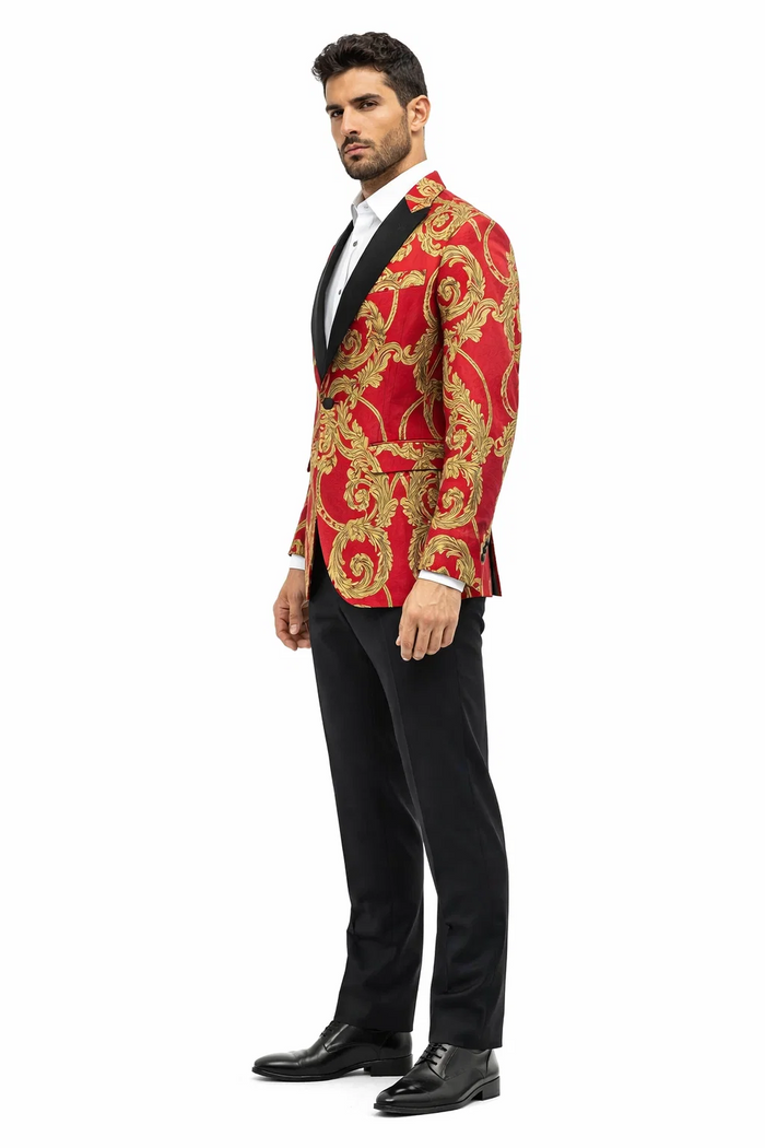 Men's Red and Gold Baroque Tuxedo Jacket with Black Satin Shawl Lapel