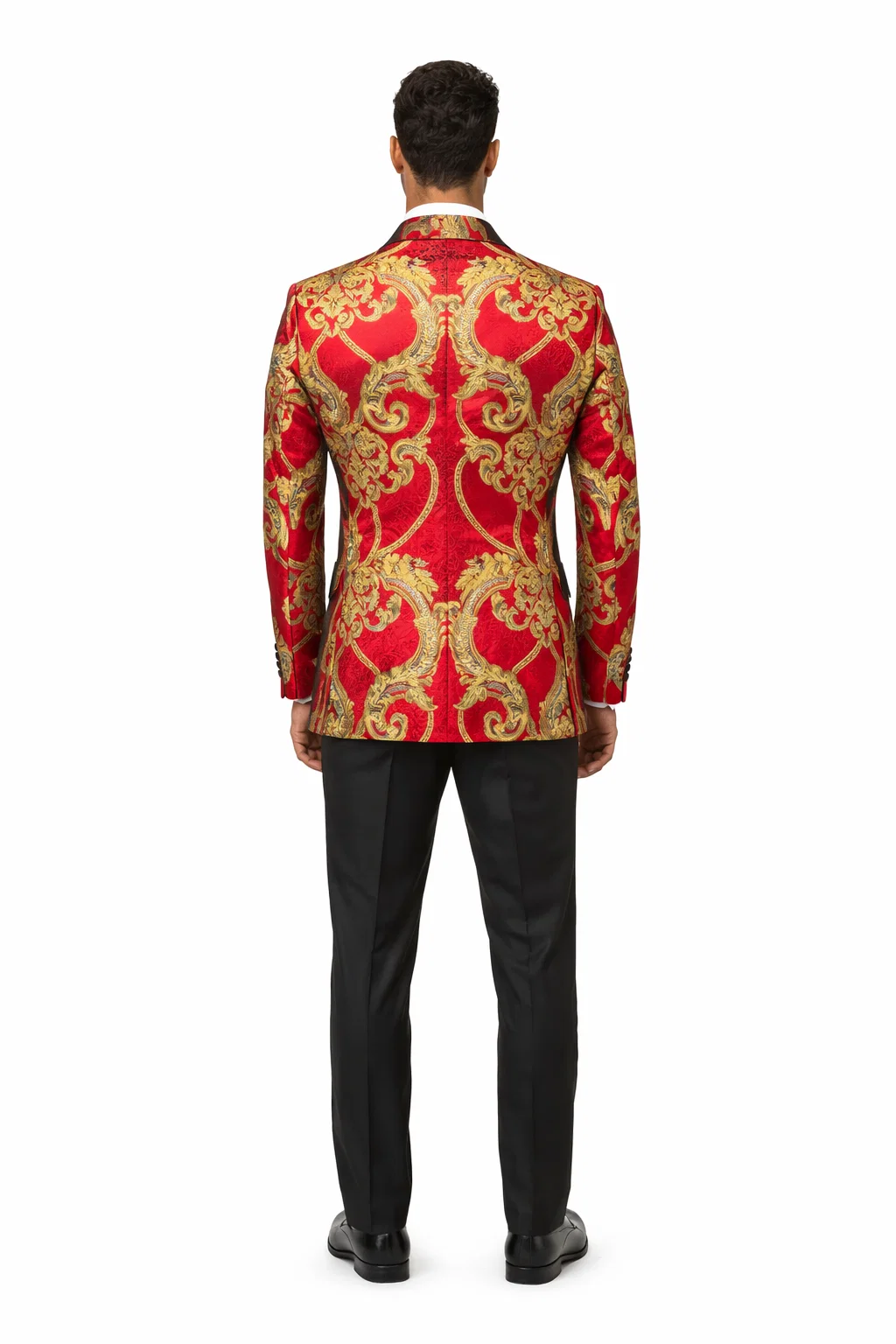 Mens Red and Gold Embroidered Tuxedo Blazer  Baroque Style One Button Dinner Jacket with Black Satin Lapel