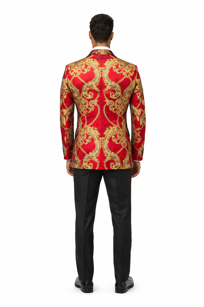 Mens Red and Gold Embroidered Tuxedo Blazer  Baroque Style One Button Dinner Jacket with Black Satin Lapel