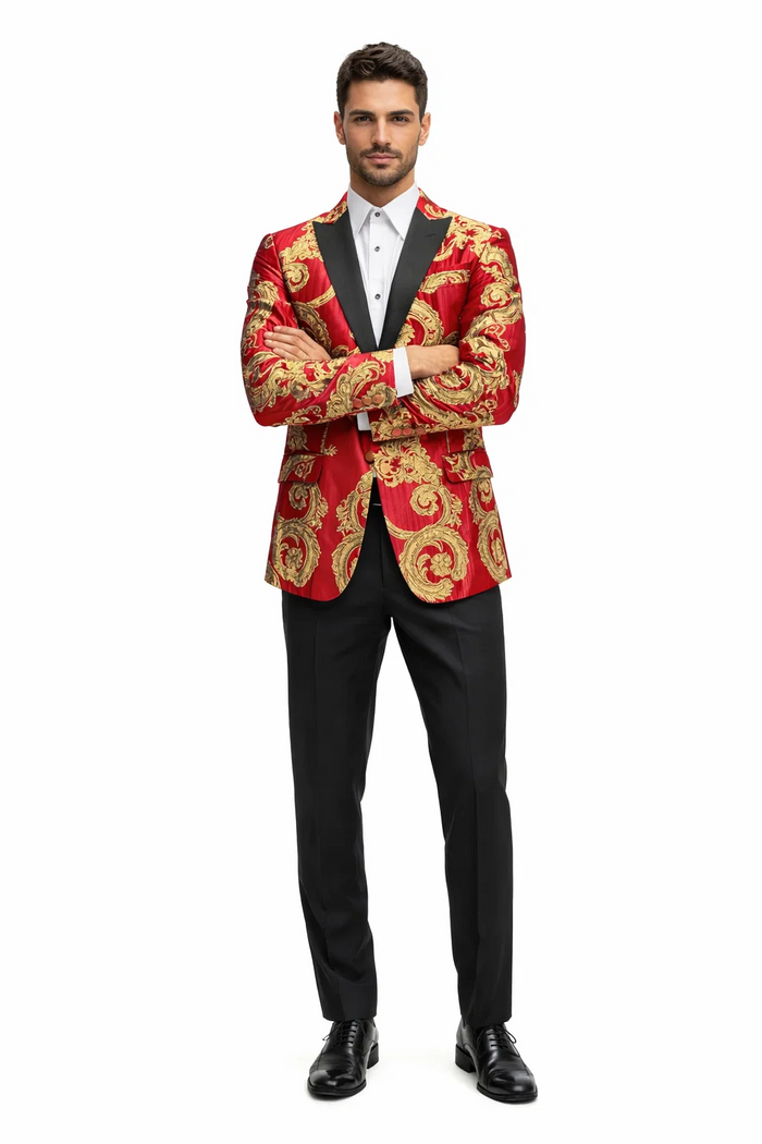 Mens Red and Gold Embroidered Tuxedo Blazer  Baroque Style One Button Dinner Jacket with Black Satin Lapel