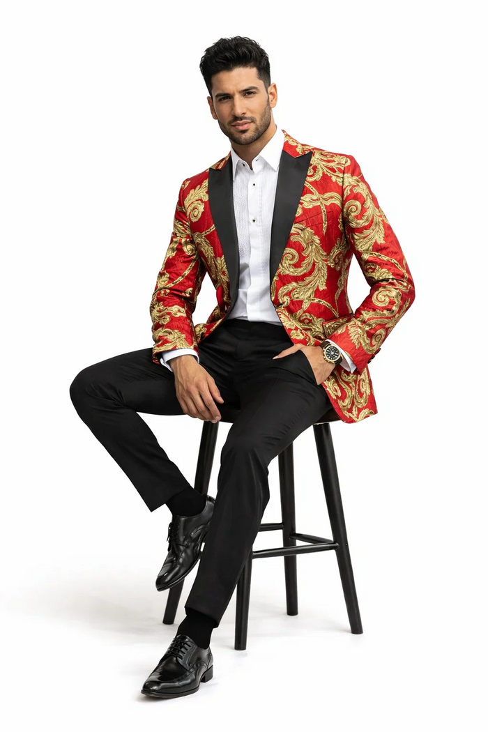 Mens Red and Gold Embroidered Tuxedo Blazer  Baroque Style One Button Dinner Jacket with Black Satin Lapel