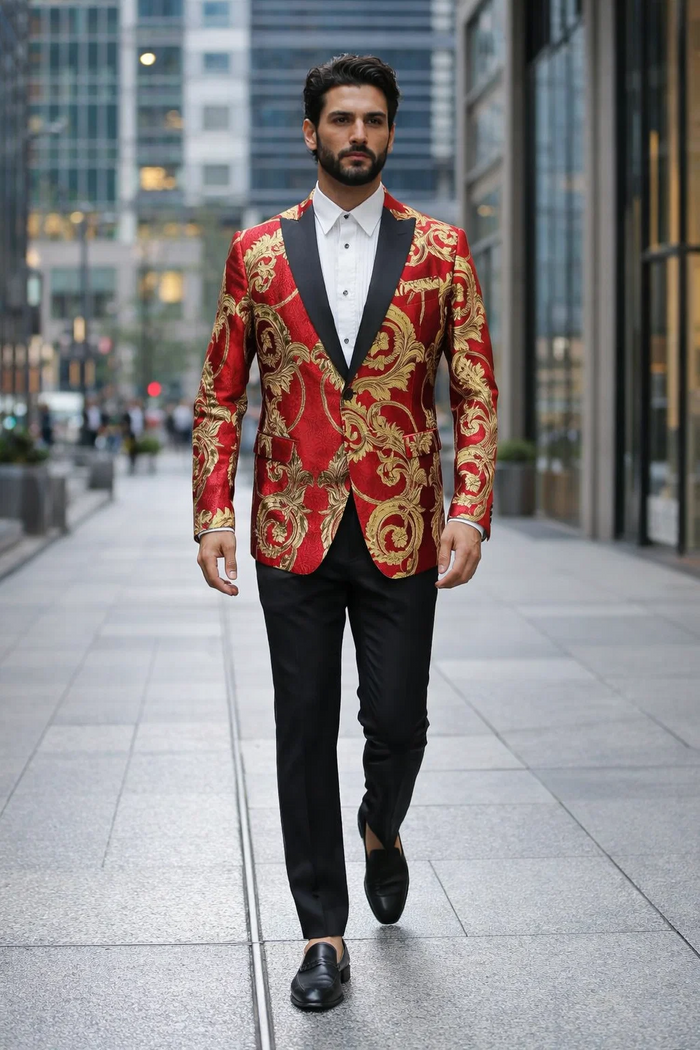 Mens Red and Gold Embroidered Tuxedo Blazer  Baroque Style One Button Dinner Jacket with Black Satin Lapel