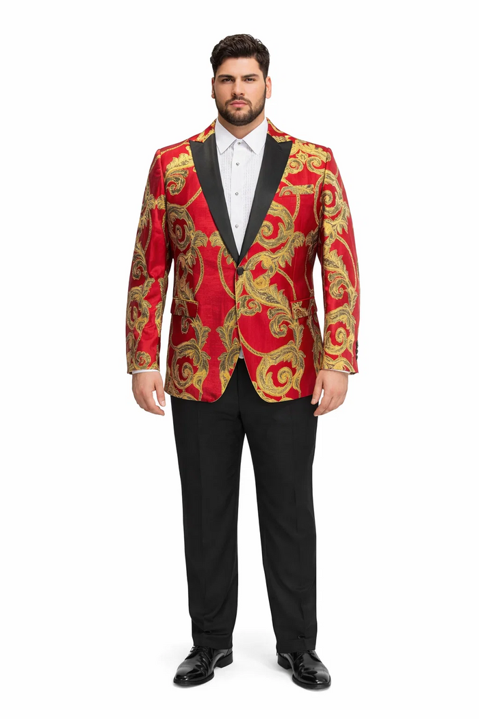 Mens Red and Gold Embroidered Tuxedo Blazer  Baroque Style One Button Dinner Jacket with Black Satin Lapel