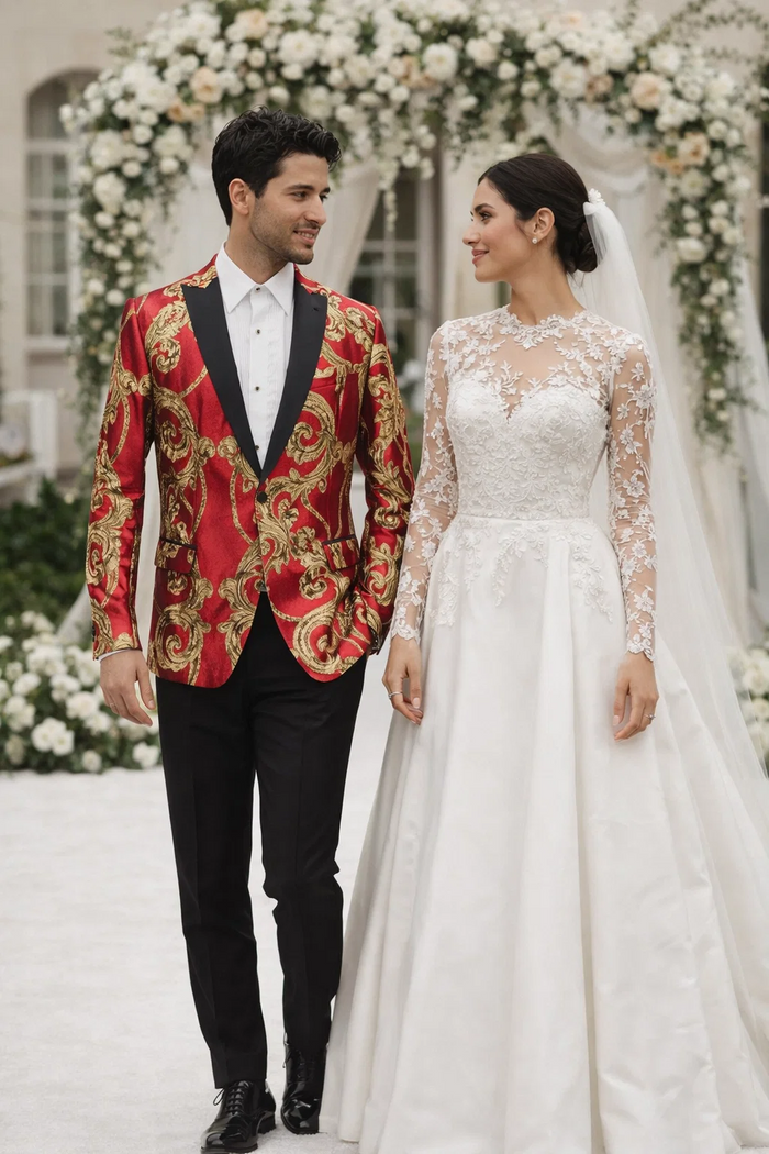 Mens Red and Gold Embroidered Tuxedo Blazer  Baroque Style One Button Dinner Jacket with Black Satin Lapel