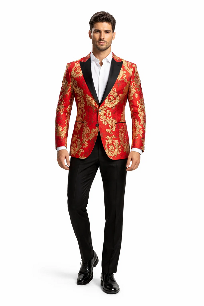 Mens Red and Gold Embroidered Tuxedo Blazer  Baroque Style One Button Dinner Jacket with Black Satin Lapel