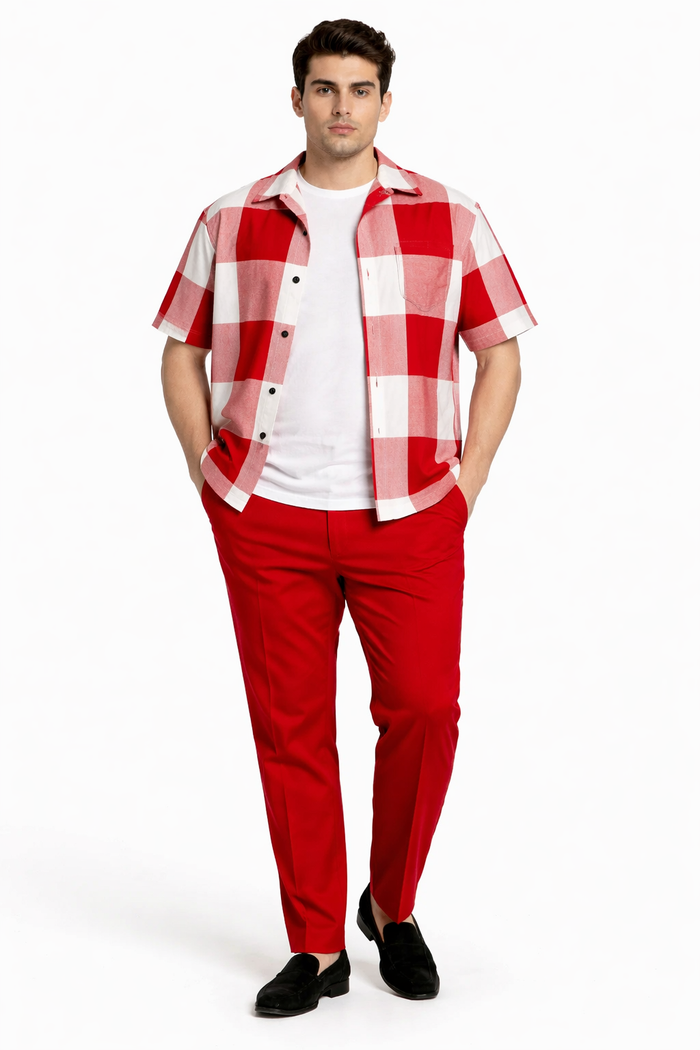 Mens Red and White Checkered Short Sleeve Shirt Set  Casual Two-Piece Summer Outfit