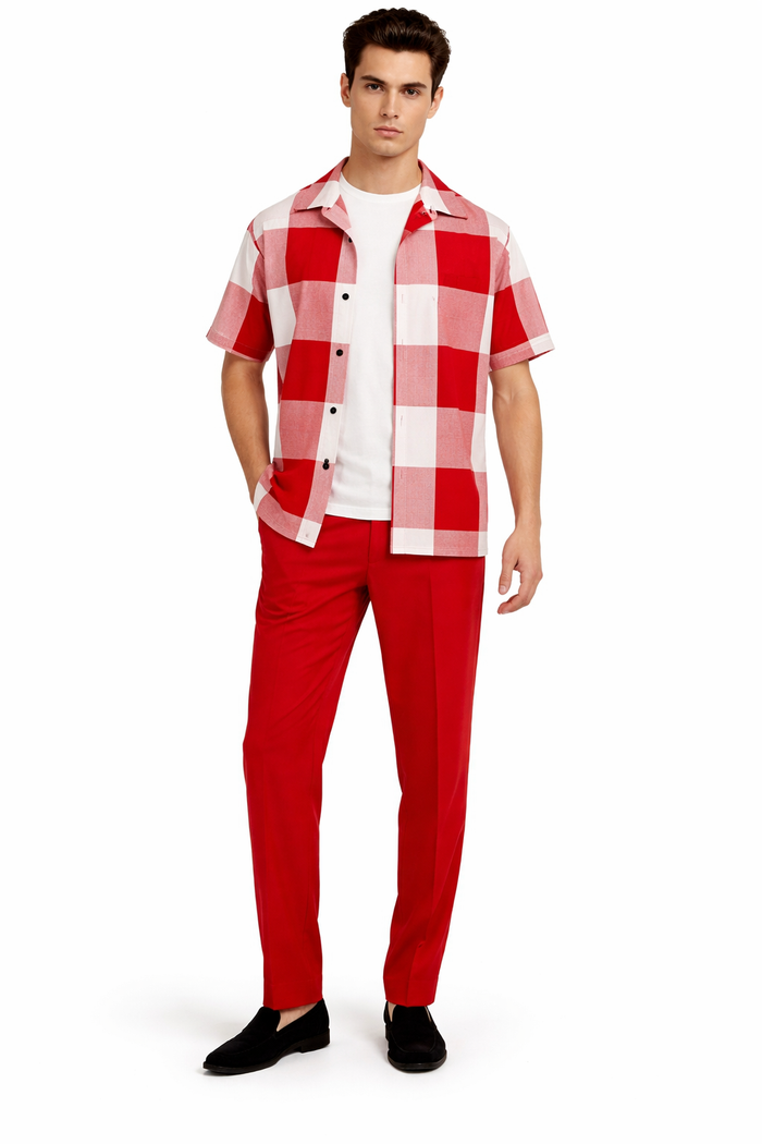Mens Red and White Checkered Short Sleeve Shirt Set  Casual Two-Piece Summer Outfit