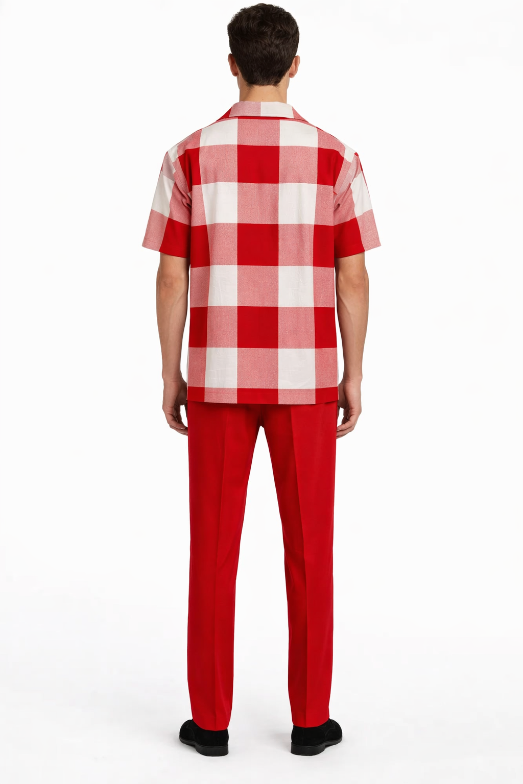 Mens Red and White Checkered Short Sleeve Shirt Set  Casual Two-Piece Summer Outfit