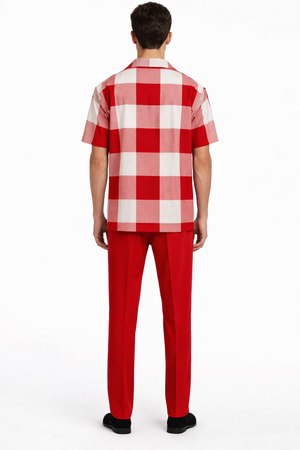 Mens Red and White Checkered Short Sleeve Shirt Set  Casual Two-Piece Summer Outfit