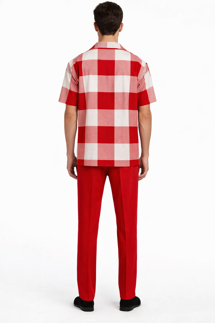 Mens Red and White Checkered Short Sleeve Shirt Set  Casual Two-Piece Summer Outfit
