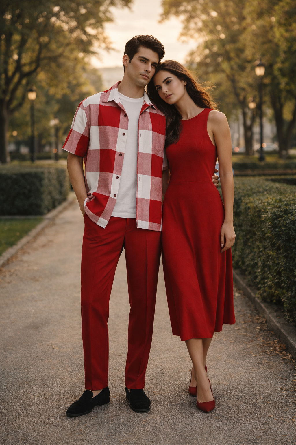 Mens Red and White Checkered Short Sleeve Shirt Set  Casual Two-Piece Summer Outfit