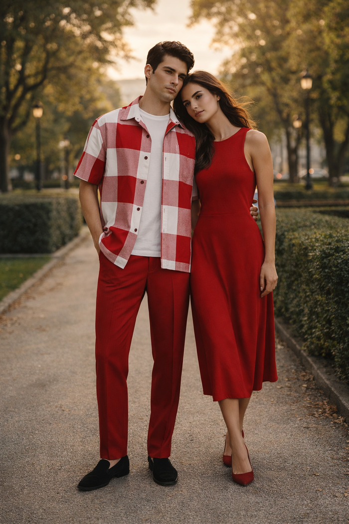 Men's Red and White Checkered Short Sleeve Shirt Set for Male, All Sizes
