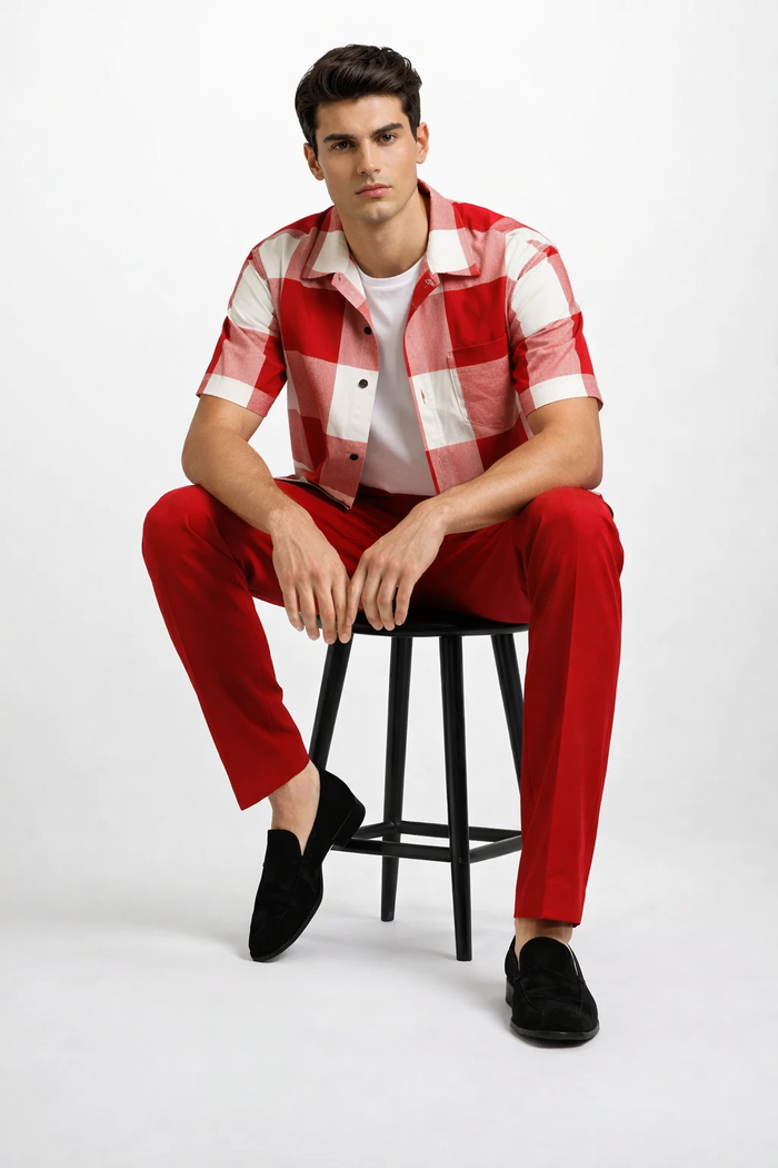 Mens Red and White Checkered Short Sleeve Shirt Set  Casual Two-Piece Summer Outfit