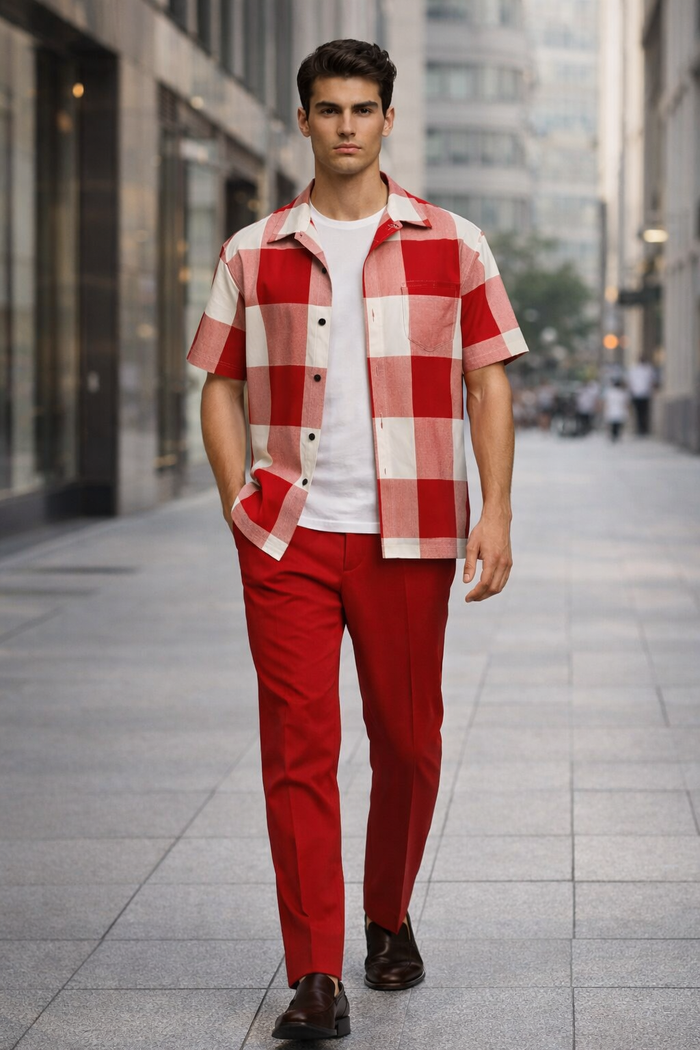 Men's Red and White Checkered Short Sleeve Shirt Set for Male, All Sizes