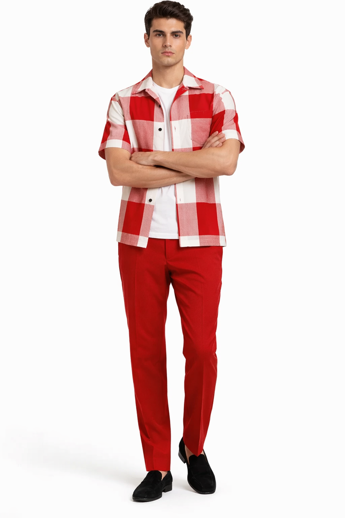Mens Red and White Checkered Short Sleeve Shirt Set  Casual Two-Piece Summer Outfit