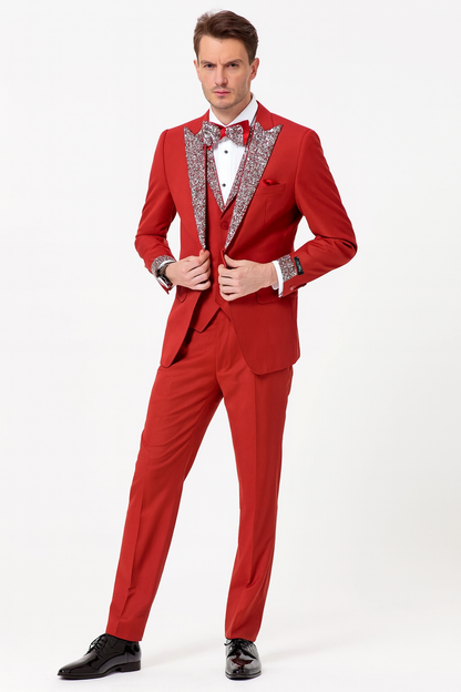 Mens Red And White Lapel Three-Piece Tuxedo with Sequin Lapel and Matching Bow Tie - Chirstmas Suit