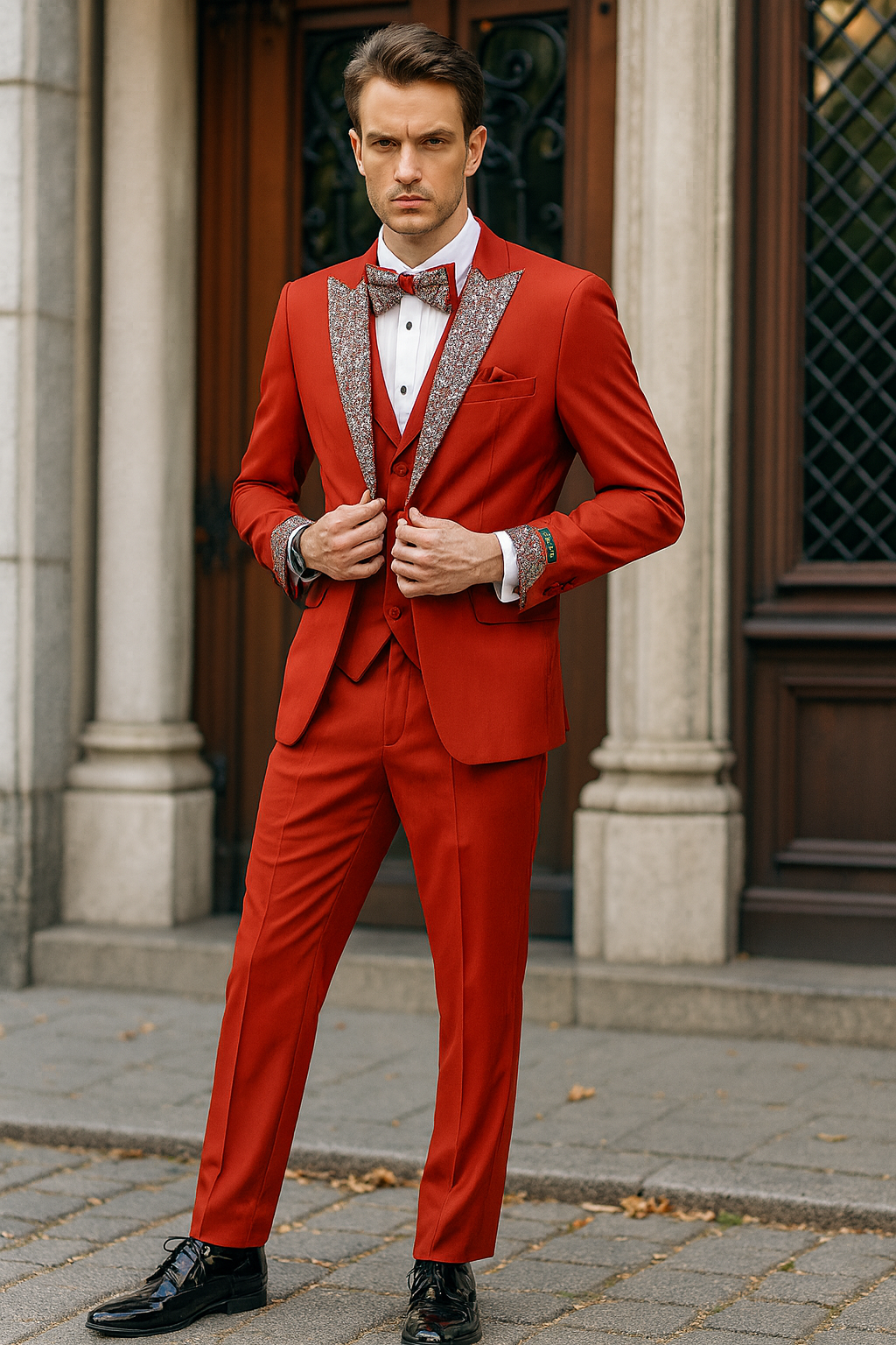 Mens Red And White Lapel Three-Piece Tuxedo with Sequin Lapel and Matching Bow Tie - Chirstmas Suit