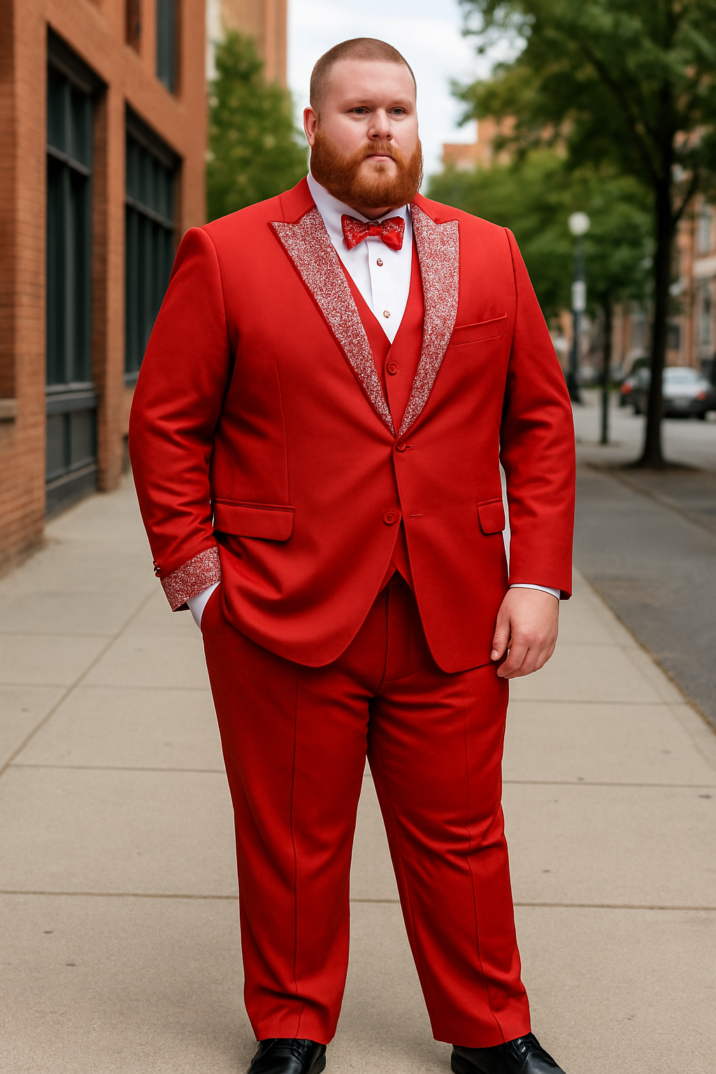 Mens Red And White Lapel Three-Piece Tuxedo with Sequin Lapel and Matching Bow Tie - Chirstmas Suit