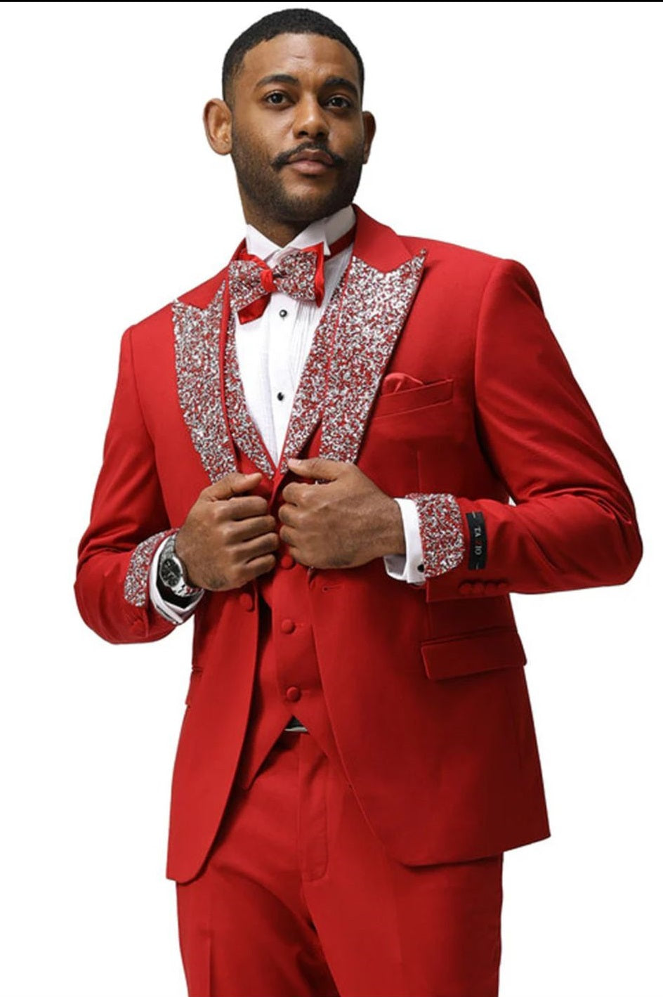 Mens Red And White Lapel Three-Piece Tuxedo with Sequin Lapel and Matching Bow Tie - Chirstmas Suit