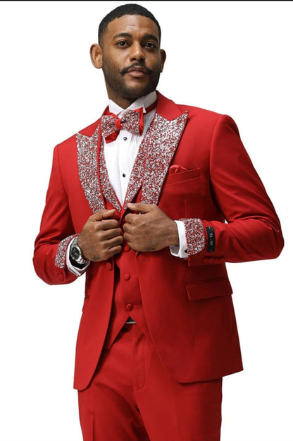 Mens Red And White Lapel Three-Piece Tuxedo with Sequin Lapel and Matching Bow Tie - Chirstmas Suit