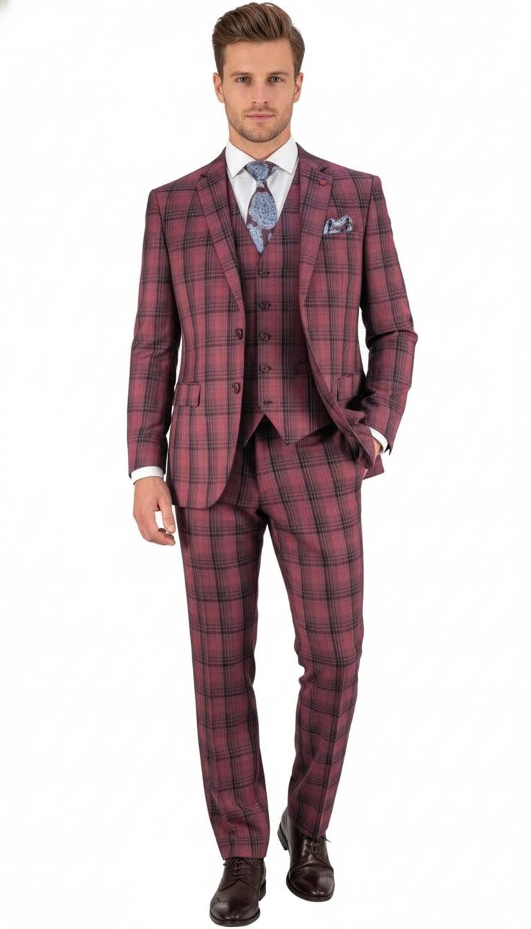 Mens Red Burgundy Plaid 3-Piece Suit  Classic Checkered Modern Fit Suit for Weddings, Church and Formal Events