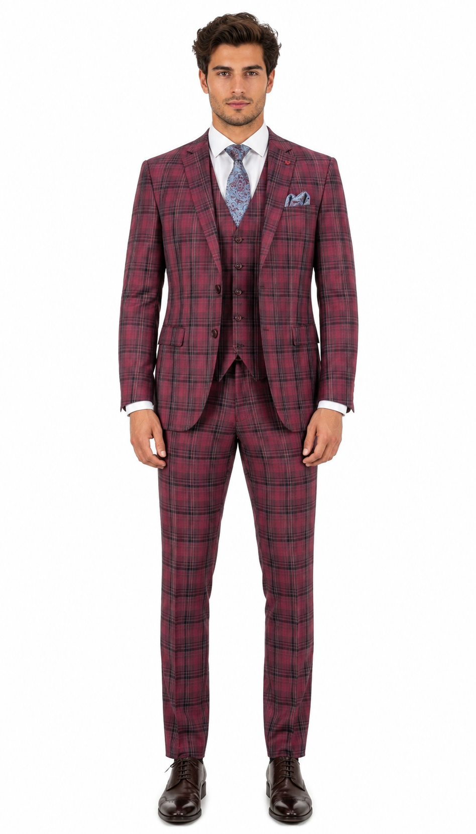 Mens Red Burgundy Plaid 3-Piece Suit  Classic Checkered Modern Fit Suit for Weddings, Church and Formal Events