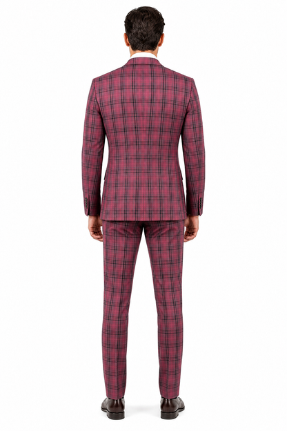 Mens Red Burgundy Plaid 3-Piece Suit  Classic Checkered Modern Fit Suit for Weddings, Church and Formal Events