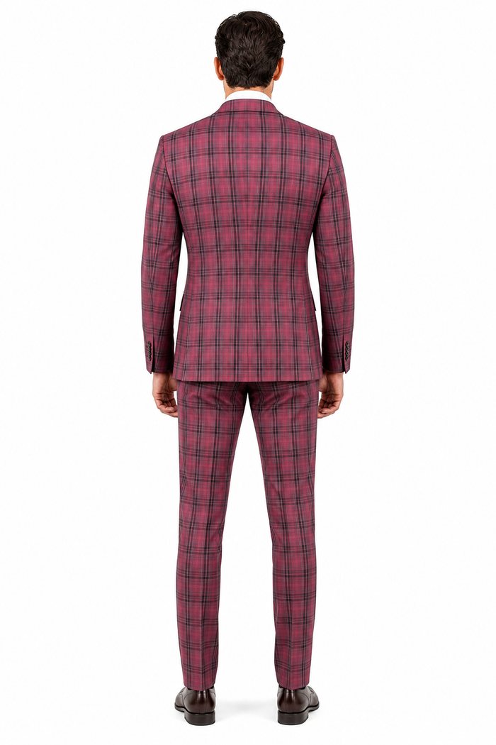Mens Red Burgundy Plaid 3-Piece Suit  Classic Checkered Modern Fit Suit for Weddings, Church and Formal Events