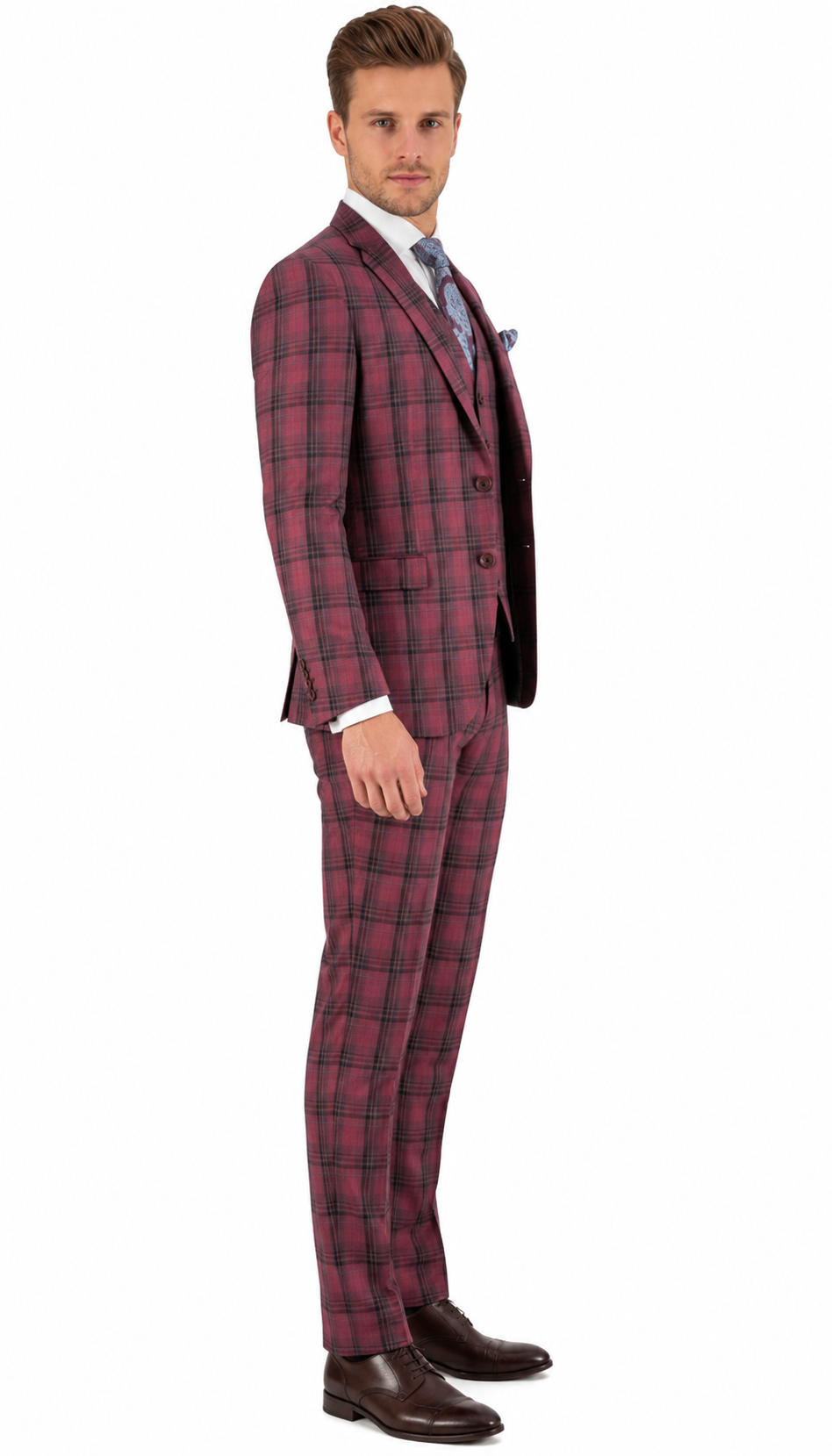 Mens Red Burgundy Plaid 3-Piece Suit  Classic Checkered Modern Fit Suit for Weddings, Church and Formal Events