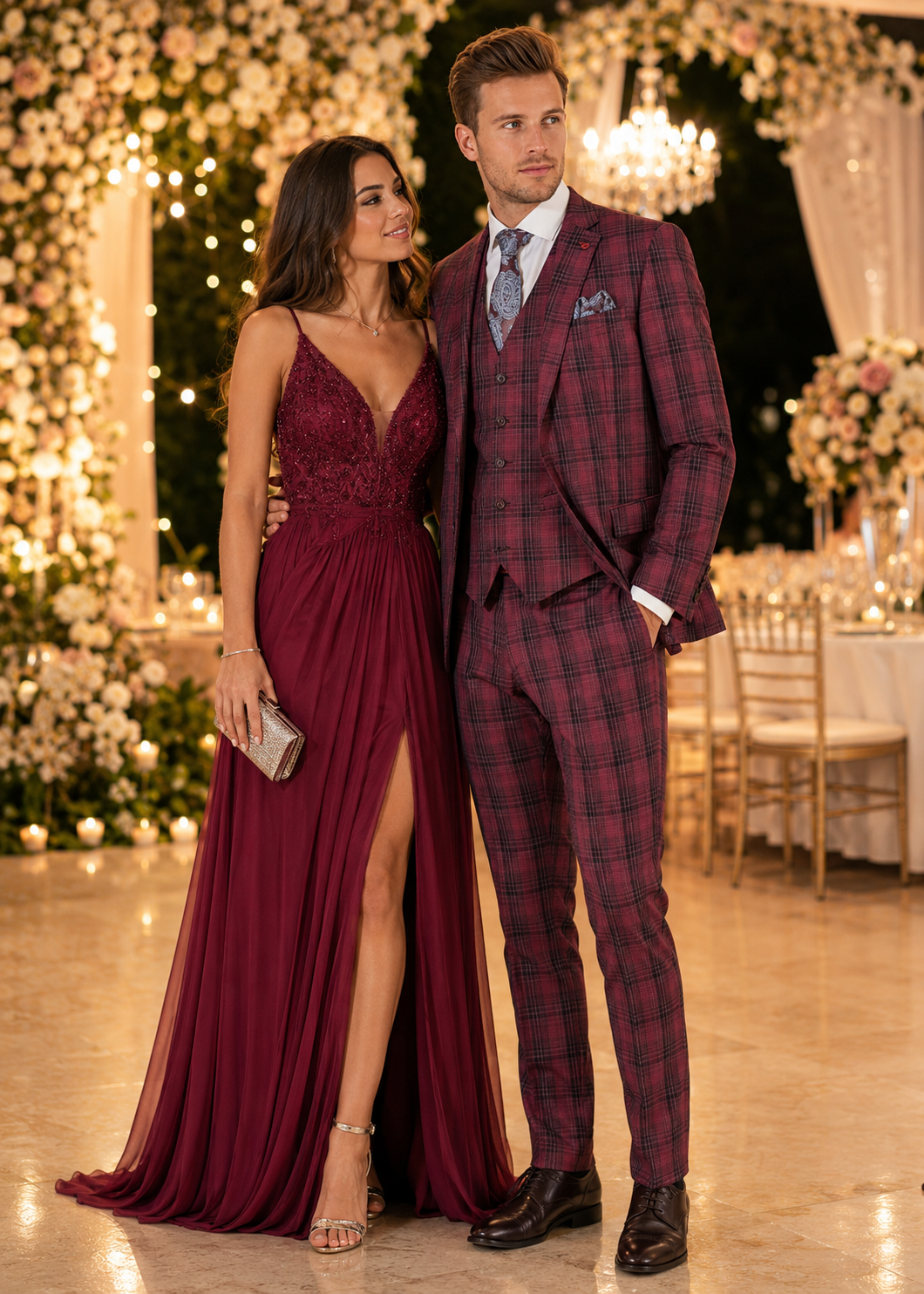 Mens Red Burgundy Plaid 3-Piece Suit  Classic Checkered Modern Fit Suit for Weddings, Church and Formal Events