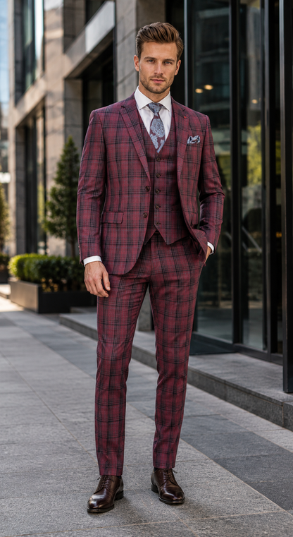 Mens Red Burgundy Plaid 3-Piece Suit  Classic Checkered Modern Fit Suit for Weddings, Church and Formal Events