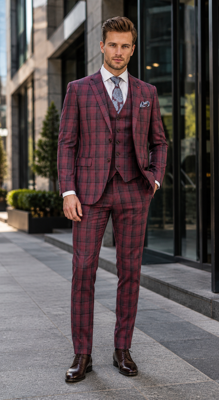 Mens Red Burgundy Plaid 3-Piece Suit  Classic Checkered Modern Fit Suit for Weddings, Church and Formal Events