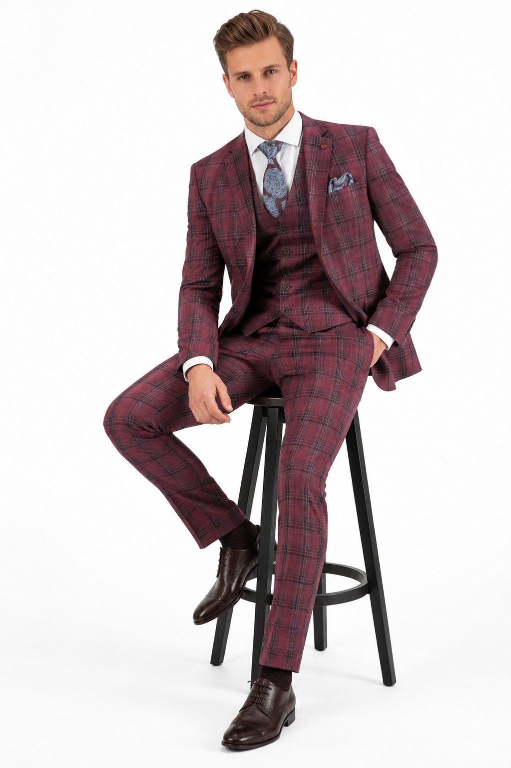 Mens Red Burgundy Plaid 3-Piece Suit  Classic Checkered Modern Fit Suit for Weddings, Church and Formal Events