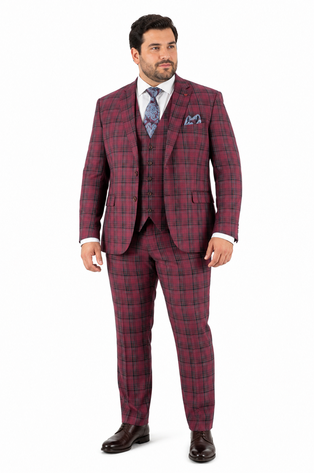 Mens Red Burgundy Plaid 3-Piece Suit  Classic Checkered Modern Fit Suit for Weddings, Church and Formal Events