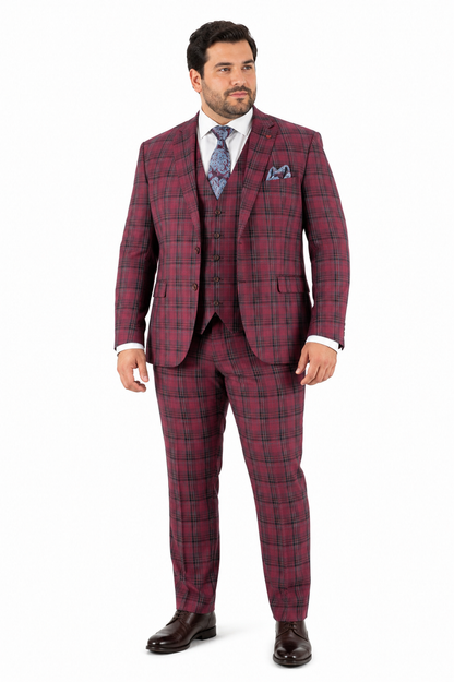 Mens Red Burgundy Plaid 3-Piece Suit  Classic Checkered Modern Fit Suit for Weddings, Church and Formal Events
