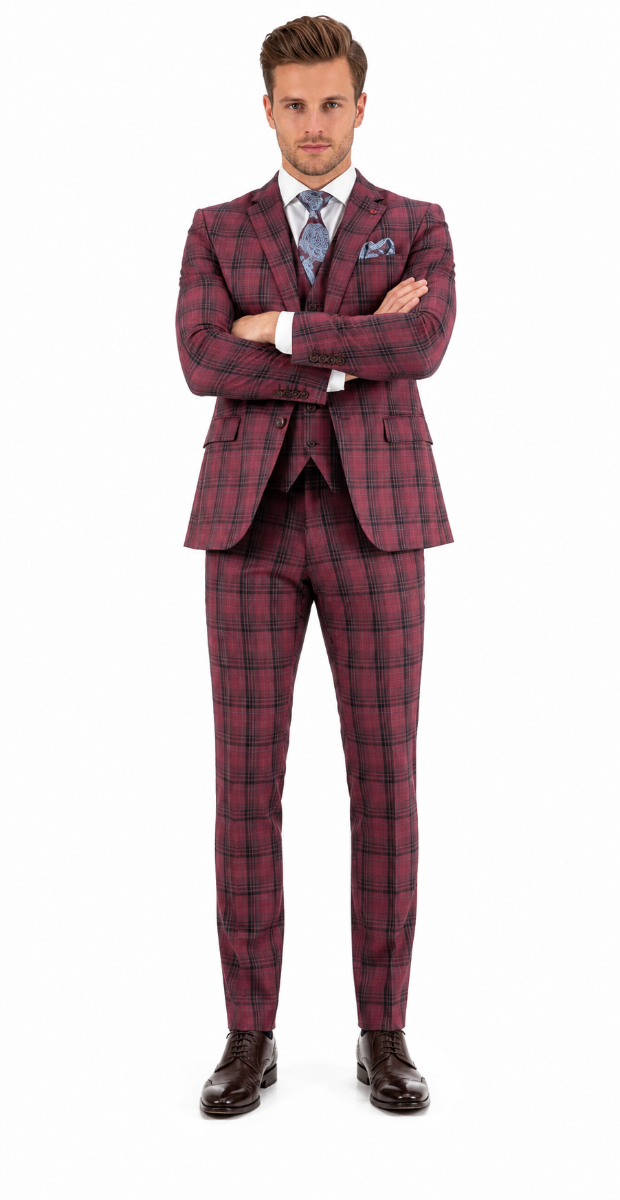 Mens Red Burgundy Plaid 3-Piece Suit  Classic Checkered Modern Fit Suit for Weddings, Church and Formal Events