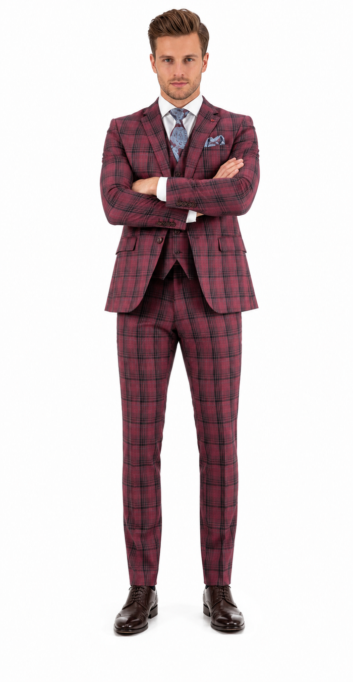 Mens Red Burgundy Plaid 3-Piece Suit  Classic Checkered Modern Fit Suit for Weddings, Church and Formal Events
