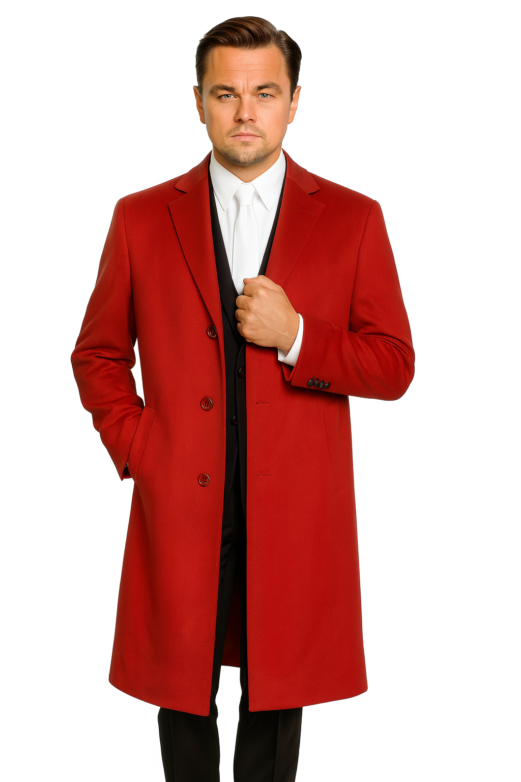 Men's Three Buttons Red Wool Fabric Overcoat / Long men's Dress Topcoat - Winter coat