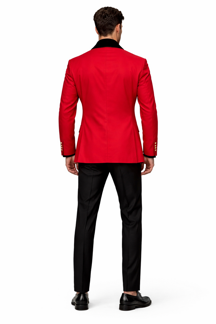Men's Red Double-Breasted Wedding Tuxedo with Black Velvet Lapel and Gold Buttons - Christmas New Year Suit