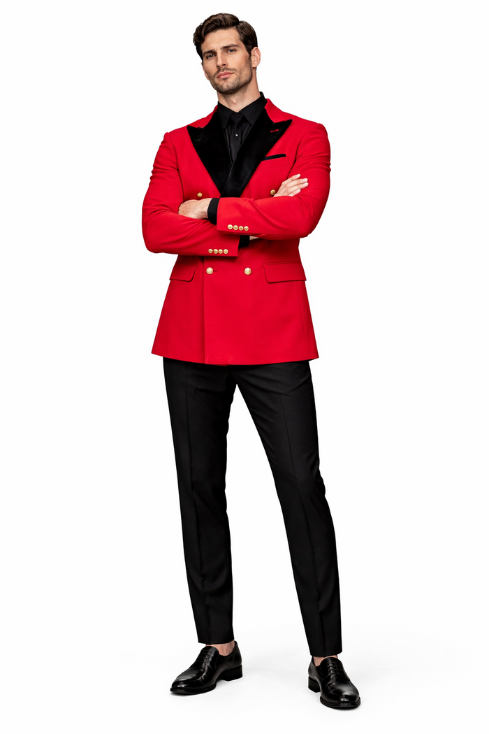 Men's Red Double-Breasted Wedding Tuxedo with Black Velvet Lapel and Gold Buttons - Christmas New Year Suit