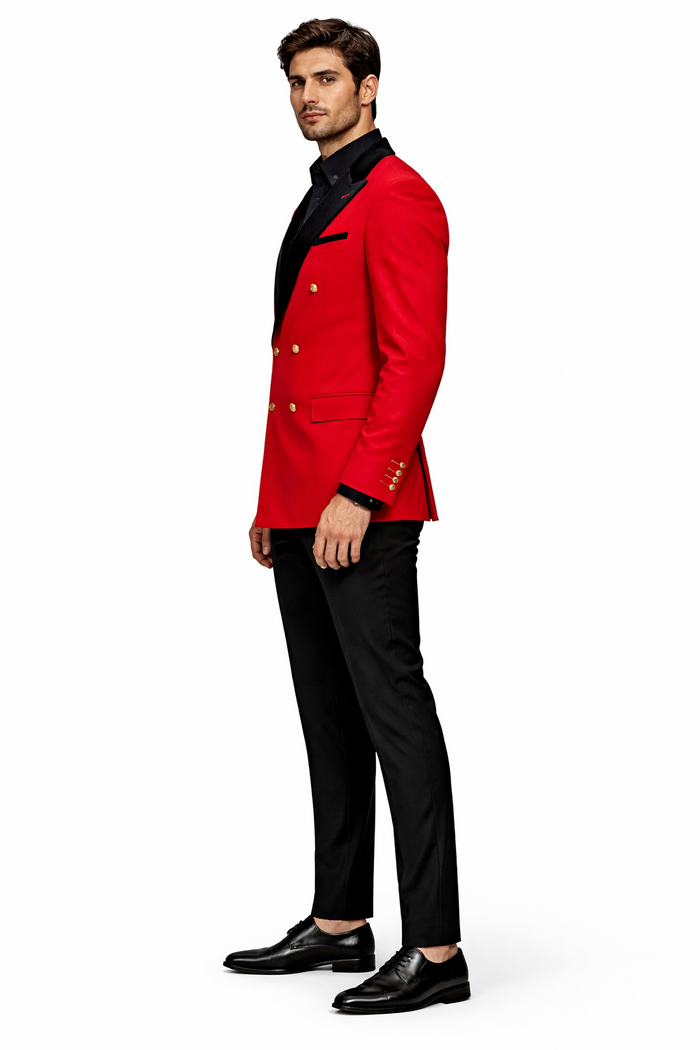 Men's Red Double-Breasted Wedding Tuxedo with Black Velvet Lapel and Gold Buttons - Christmas New Year Suit