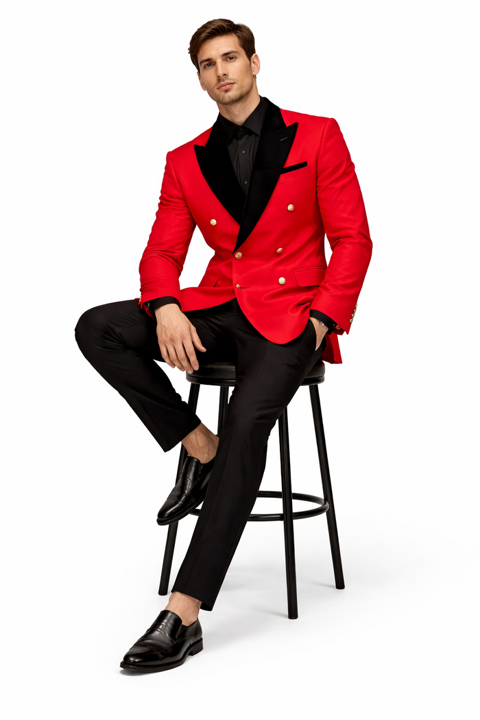 Men's Red Double-Breasted Wedding Tuxedo with Black Velvet Lapel and Gold Buttons - Christmas New Year Suit