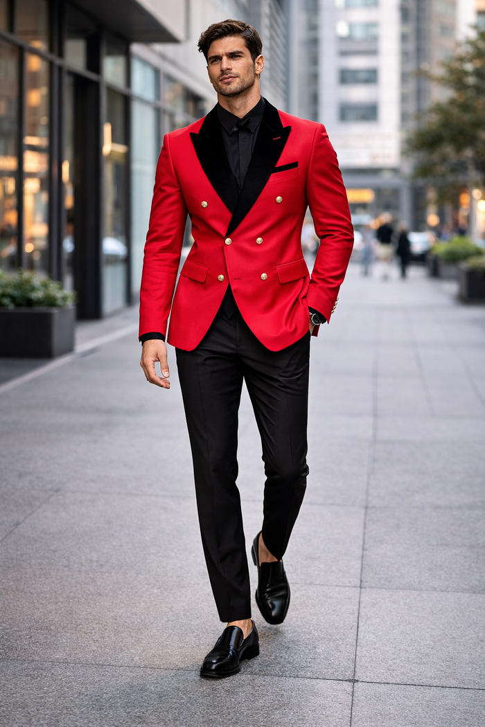 Men's Red Double-Breasted Wedding Tuxedo with Black Velvet Lapel and Gold Buttons - Christmas New Year Suit
