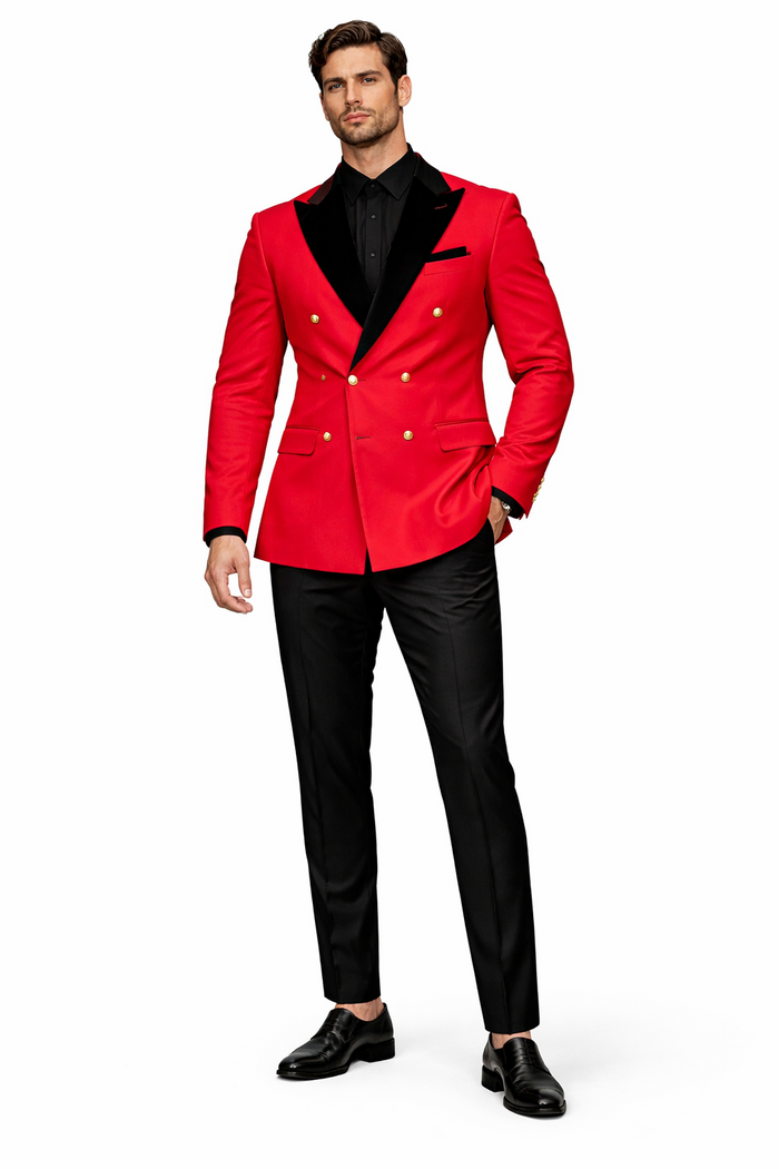 Men's Red Double-Breasted Wedding Tuxedo with Black Velvet Lapel and Gold Buttons - Christmas New Year Suit