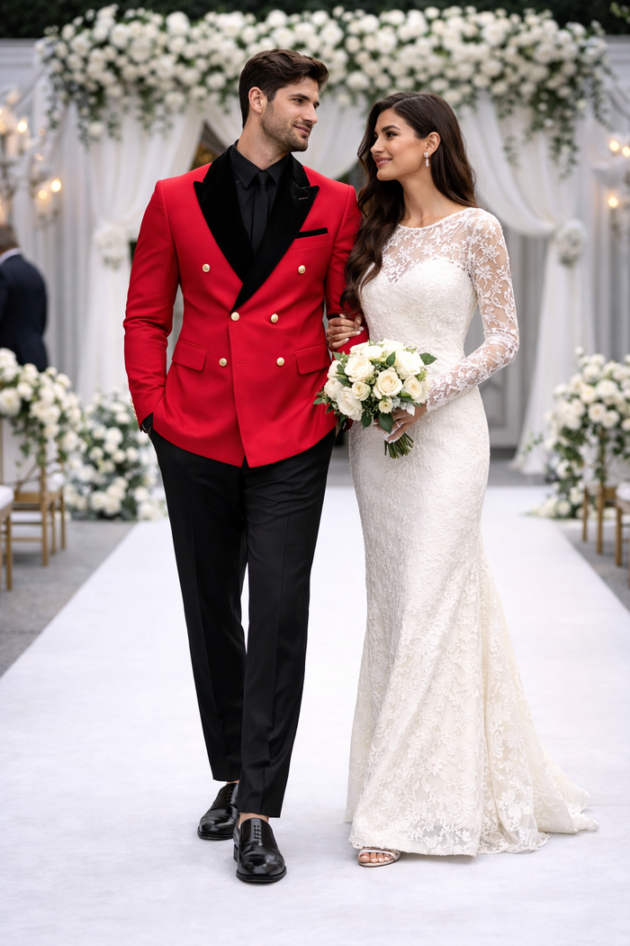 Men's Red Double-Breasted Wedding Tuxedo with Black Velvet Lapel and Gold Buttons - Christmas New Year Suit