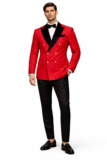 Men's Red Double-Breasted Wedding Tuxedo with Black Velvet Lapel and Gold Buttons - Christmas New Year Suit