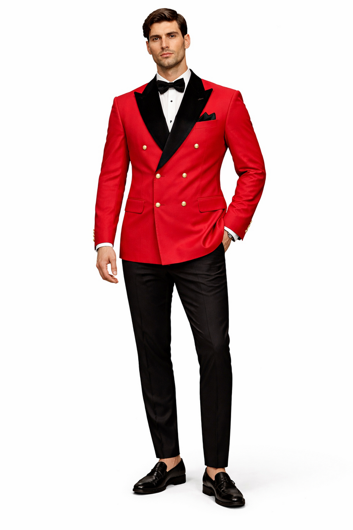 Men's Red Double-Breasted Wedding Tuxedo with Black Velvet Lapel and Gold Buttons - Christmas New Year Suit